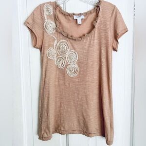 LOFT Beige Short Sleeve Top with Rosette Details‎